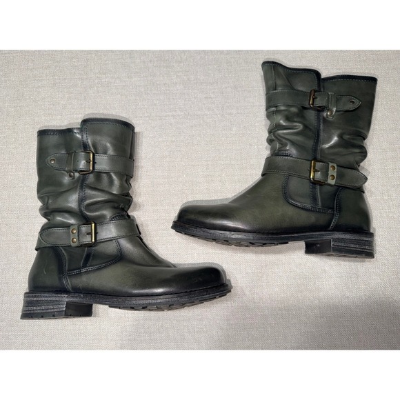 Eric Michael Shoes - Eric Michael Green Leather Slouch Moto Mid-Calf Boots Buckle Straps Womens 38